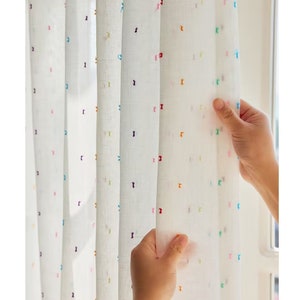 Lovely Sweet Rainbow Sugar Designing Embroidered White Linen Cotton Lace Sheer Curtain Panel ,White Sheer Curtains Multicolor Candies