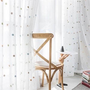 Custom Lovely Carton Colorful Round Dot Circle Towel Embroidered on White Lace Sheer Curtain Panel ,Children Curtains Girl Dress Fabric