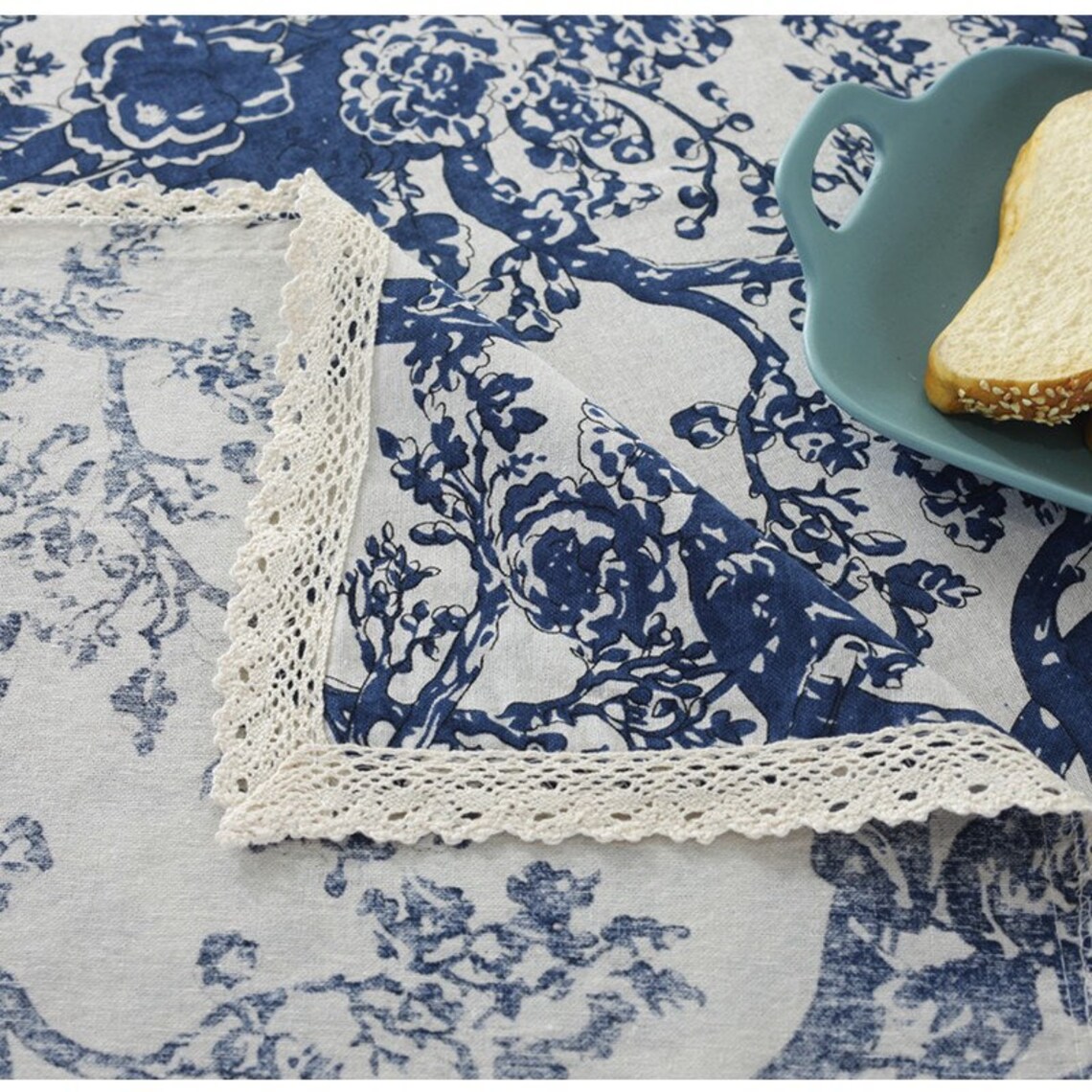 White and Navy Blue Trees Flowers Printing Cotton Linen - Etsy