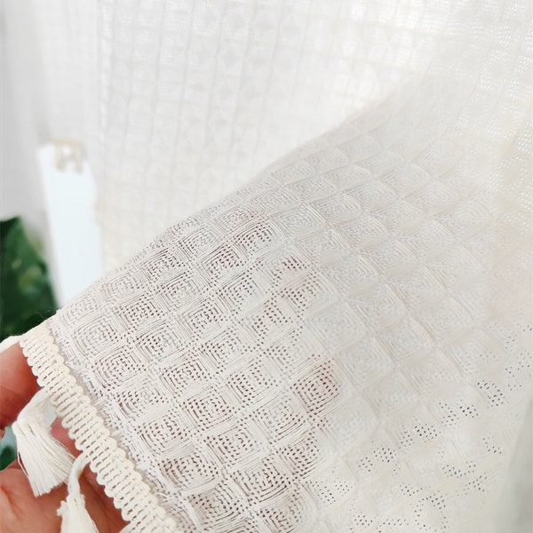 2 Panels Linen Cafe Curtains| White Ivory Soft Cotton Linen Yarn Crochet Small Square Checks Curtain Ivory Tassels Trim |Kitchen Curtains
