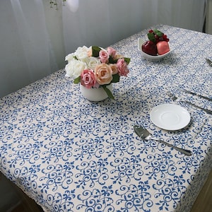 Vintage Blue White Porcelain Printing Linen Tablecloth Fabric Lace Trim, Blue Floral Table Cloth,Rectangle Tablecloth,Country Tablecloth