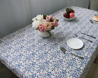 Vintage Blue White Porcelain Printing Linen Tablecloth Fabric Lace Trim, Blue Floral Table Cloth,Rectangle Tablecloth,Country Tablecloth