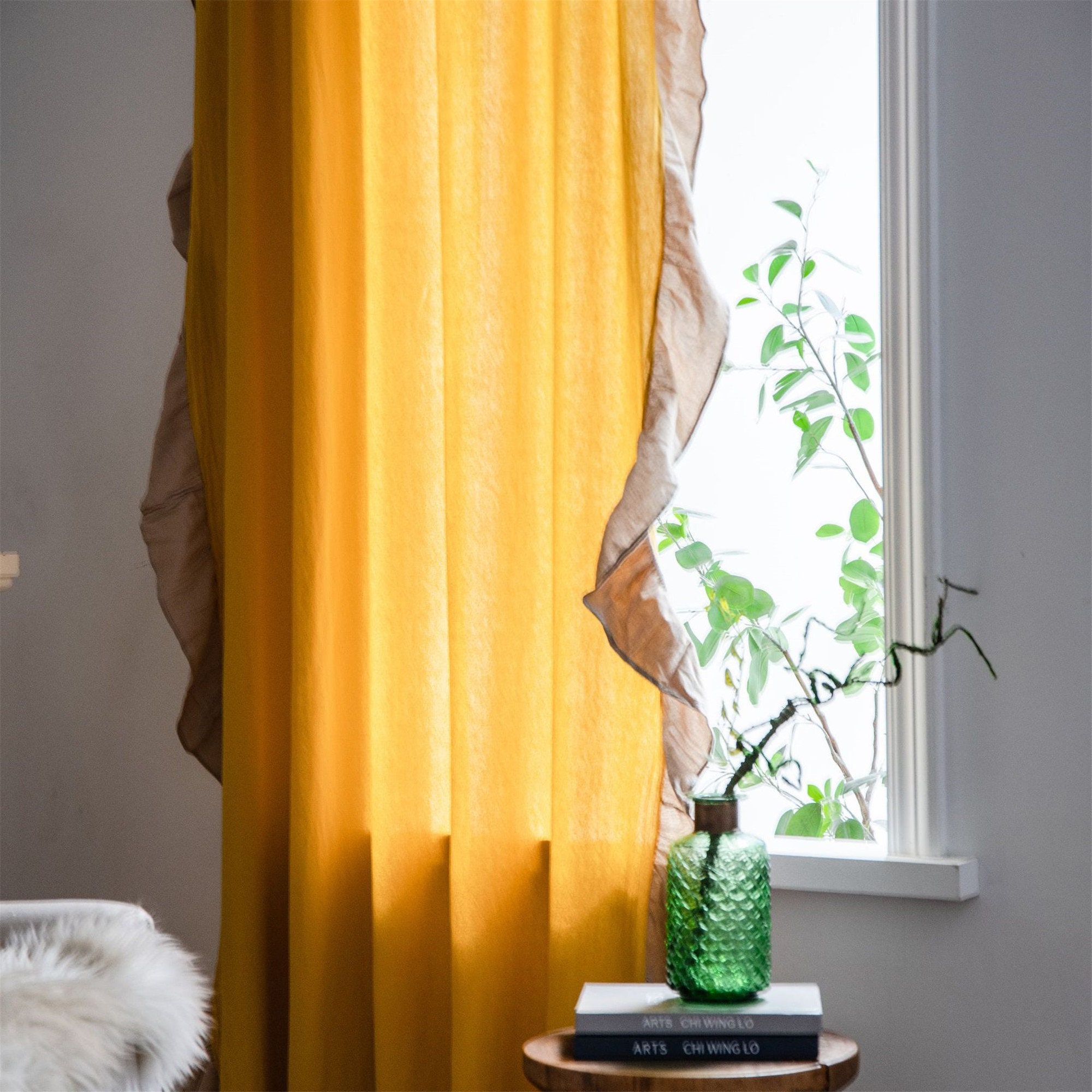 Bohemian Curtain Ethnic Country Solid Yellow Ruffled Edges Etsy