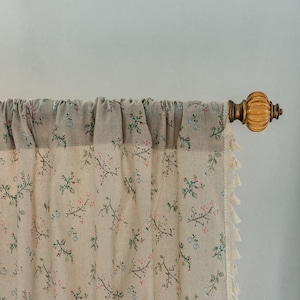 Vintage Small Blue Green Red Flowers Blossom Branches Linen Cotton Semi Blind Curtain Ivory Tassels Trim,Floral Curtain Panels Kitchen