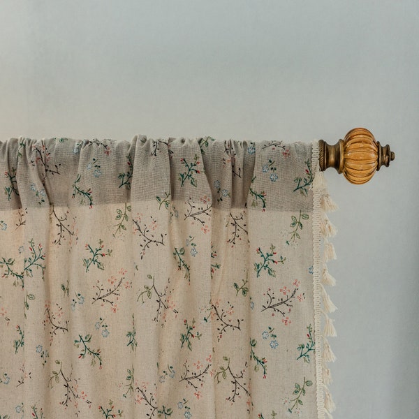 Vintage Small Blue Green Red Flowers Blossom Branches Linen Cotton Semi Blind Curtain Ivory Tassels Trim,Floral Curtain Panels Kitchen