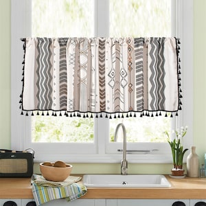 2 Panels Linen Cafe Curtains| Orange Black Geometric Drawing Printing on Nature White Linen Cotton Curtain Black Tassels |Kitchen Curtains