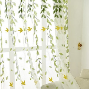 Custom Green Leaves Embroidered Sheer Curtain ,Flying Swallow Semi Sheer Fabric by Yard,Bedroom Curtain,Child Room Curtains,Home Curtains