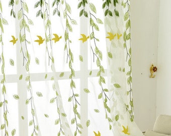 Custom Green Leaves Embroidered Sheer Curtain ,Flying Swallow Semi Sheer Fabric by Yard,Bedroom Curtain,Child Room Curtains,Home Curtains