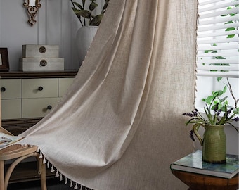 Boho Vorhänge NaturBeige Leinen Baumwolle Halb blind Vorhang Stoff mit Creme Fransen,Boho Wand dekor Leinen Kulisse,Boho Wand dekor