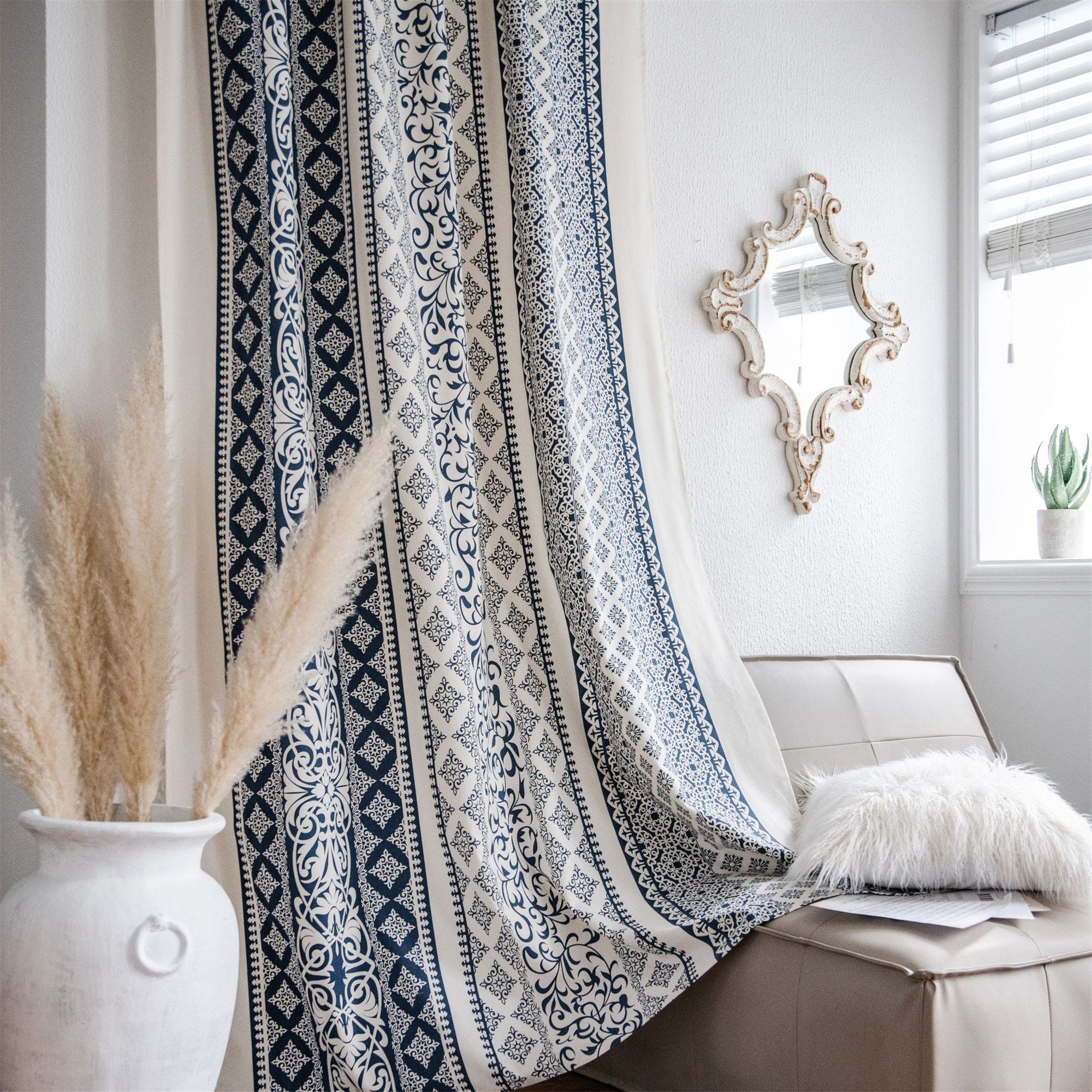 Bohemian Curtain Blue Diamond Vintage Branches Print Linen Cotton Semi Blind Curtain Fabric ,Floral Curtain Panels Kitchen Living Room