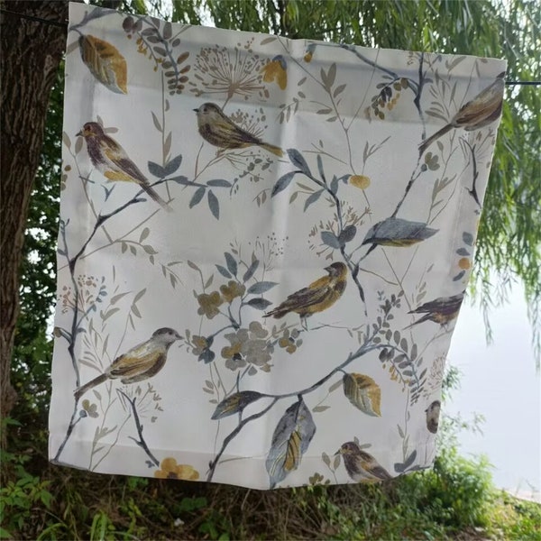 2 Panels Linen Cafe Curtains|Yellow Brown Grey Birds Sings on Branches Printing White Linen Cotton Curtain /Kitchen Curtains,Short Valance