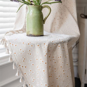 Tissu pour rideaux semi-aveugles en mousseline de soie orange blanc imprimé marguerites, lin et coton beige, glands ivoire, rideaux d'ombrage, traitement pour rideaux occultants