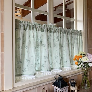 2 Panels Cafe Curtains| White Green Lilac Flowers Stripes On Light Mint Green Linen Cotton Curtain White Pompom Trim|Kitchen Curtains