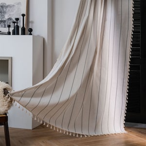 Bohemian Curtain Simple Style Twin Black Threads Print Beige Linen Cotton Semi Blind Curtain Fabric,Kitchen Living Room,Gift For Mother