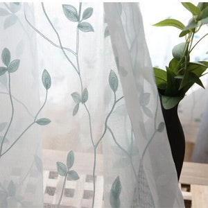 Custom Curtains White/Blue Leaves Floral Branches Embroidered on Lace Sheer Curtain Fabric,Custom Sheer Curtain Panels Living Room, Decal