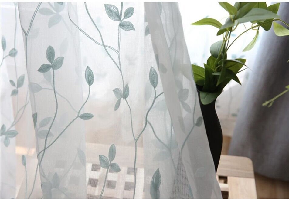 Custom Curtains White/Blue Leaves Floral Branches Embroidered on Lace Sheer Curtain Fabric,Custom Sheer Curtain Panels Living Room, Decal