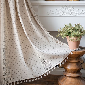 Bohemia Cream/Green Crochet Designing Patchwork Brown/Blue Daisy Cotton Linen Cotton Semi Blind Curtain Ivory Tassels, Kitchen Living Room