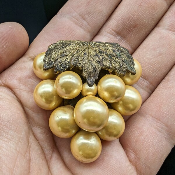 Art Nouveau Fur Clip Faux Pearl Grape Cluster Brooch 2" Brass Repousse 1920s