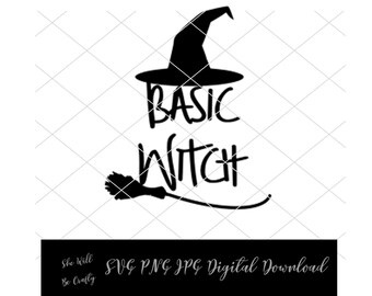 Könnte beinhalten: Schwarze und weiße Silhouette eines Hexenhutes, Besens und des Textes "Basic Witch".