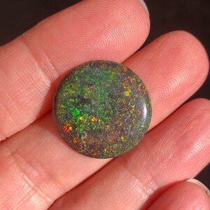 May include: A round, dark green opal cabochon with iridescent flashes of blue, red, and yellow.