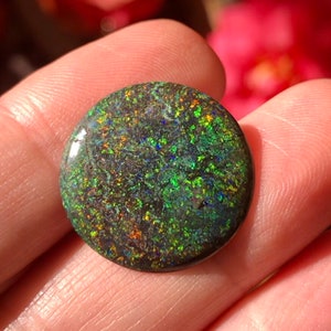May include: A round, dark green opal cabochon with iridescent flashes of blue, red, and gold. The opal is set in a silver bezel.