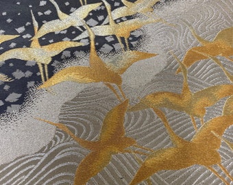 Gorgeous Shiny Golden Dark Grey Silk Obi Decor, Nature / Day / Night / Golden / Silver Cranes / Ocean Waves Motifs, Art Collection