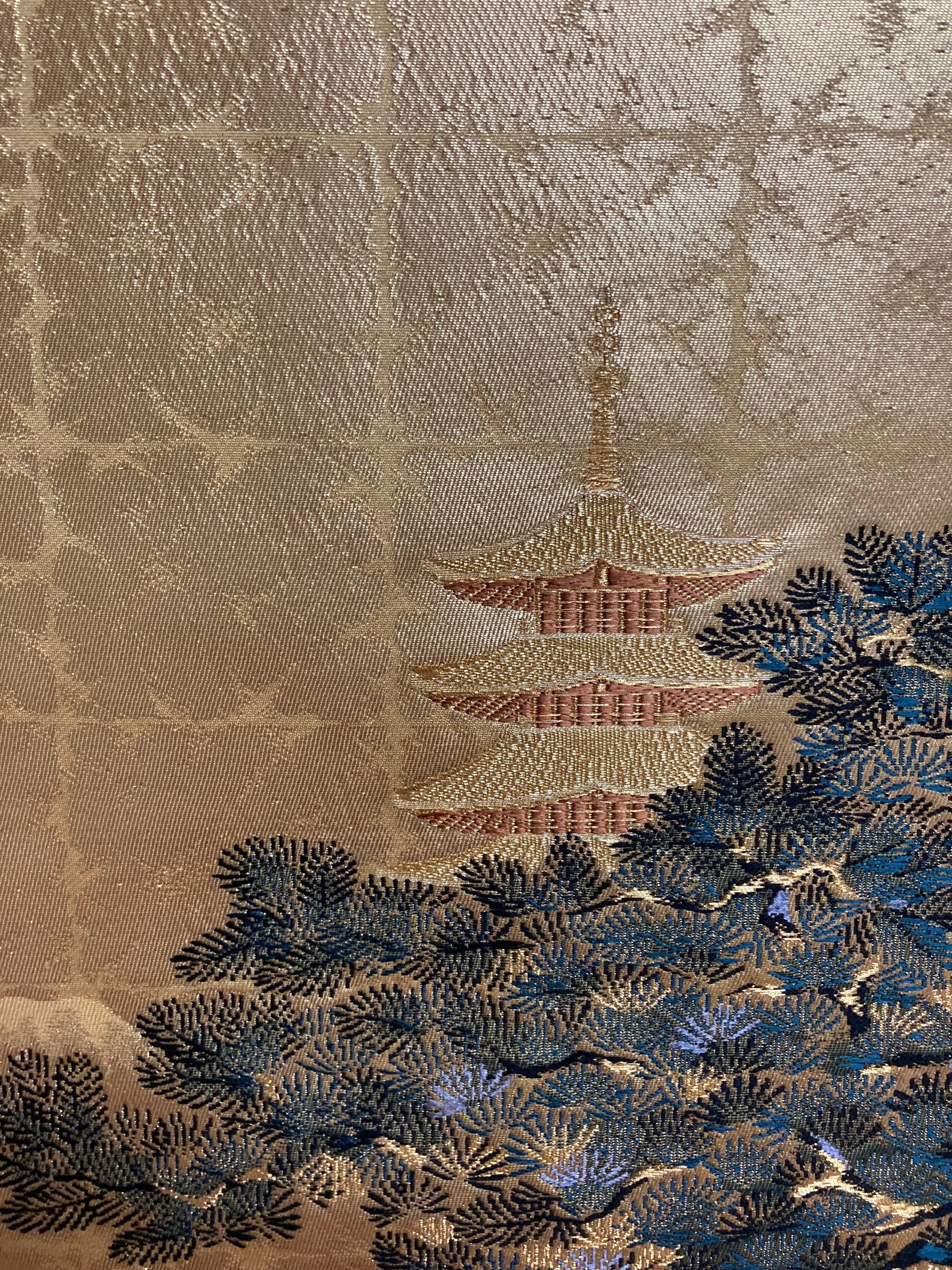 Gorgeous Golden Silk Obi Decor, Nature / Pagoda Temple / Pine Tree Motifs, Golden Geometrics, Art Collection