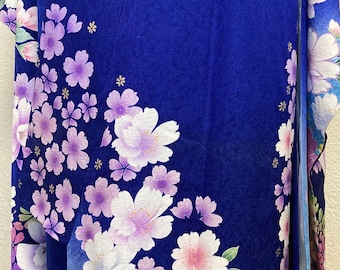 Gorgeous Women Royal Blue Silk Kimono Robe, Long Sleeves Furisode Kimono, Floral Motifs, Art Collection