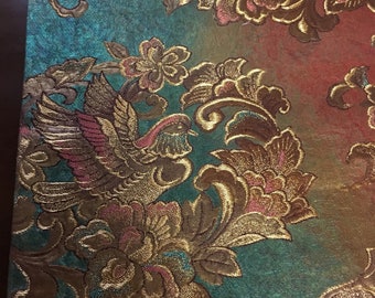 Relief Silk Fukuro Obi, Dark Emerald Relief Design , Fine Dark Golden Embroidery , Floral Motifs , Phoenix , Home Decor , Art Collection