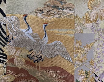 Gorgeous Golden Silk Fukuro Obi Decor, Geometrics, Cranes / Ducks / Floral / Ocean Waves Motifs, Rich Golden Embroidery, Art Collection