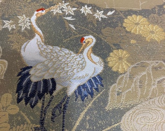 Magnificent Golden Silk Obi Decor, Nature / Spring / White Cranes / Floral / Ocean Waves Motifs, Shiny Emerald Nuance, Art Collection