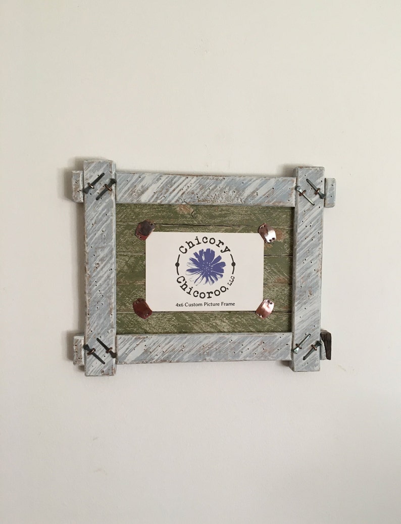 Country Rustic 4 x 6 Custom Picture Frame with Horseshoe nails and copper accents Soldier Blue Bayberry Green and Oyster White