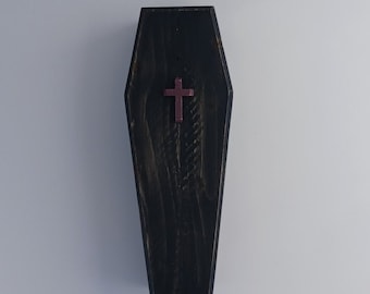 Black Toe Pincher Coffin with Purple Cross and Crushed Purple Velvet Liner
