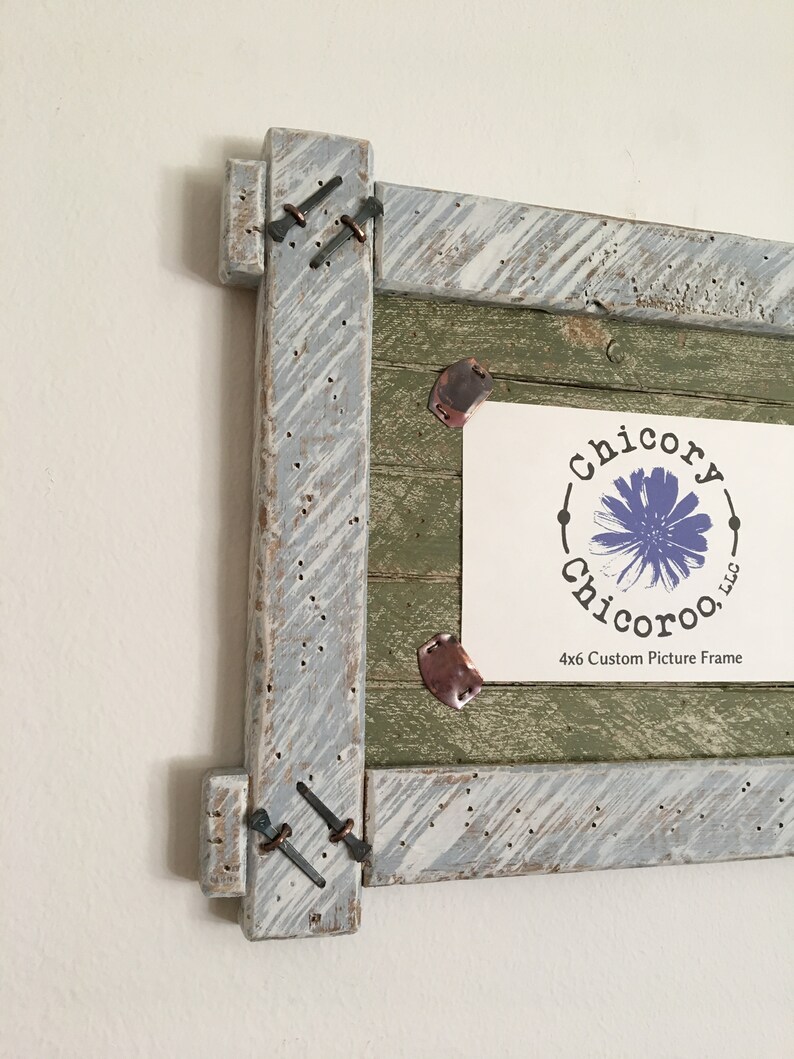 Country Rustic 4 x 6 Custom Picture Frame with Horseshoe nails and copper accents Soldier Blue Bayberry Green and Oyster White