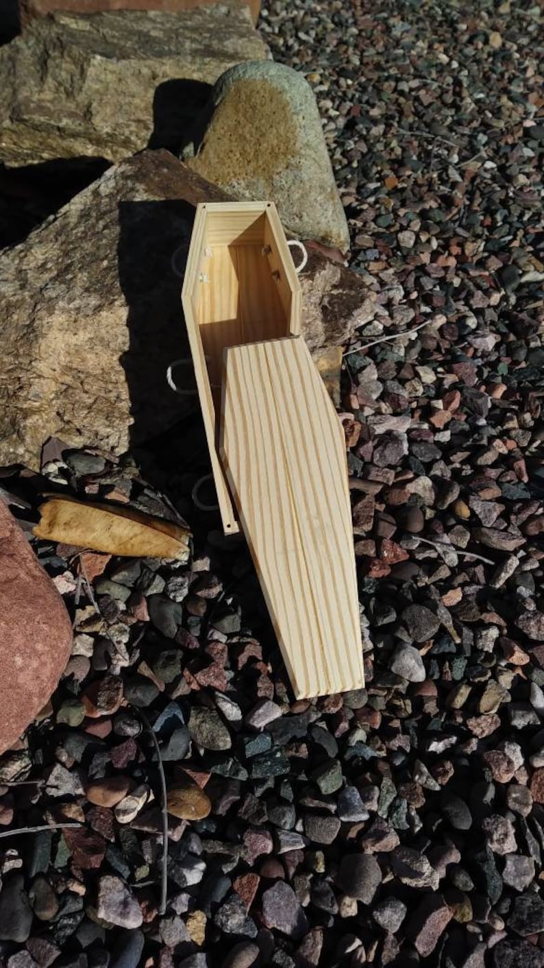 Pine wood coffin with hemp rope handles. Etsy