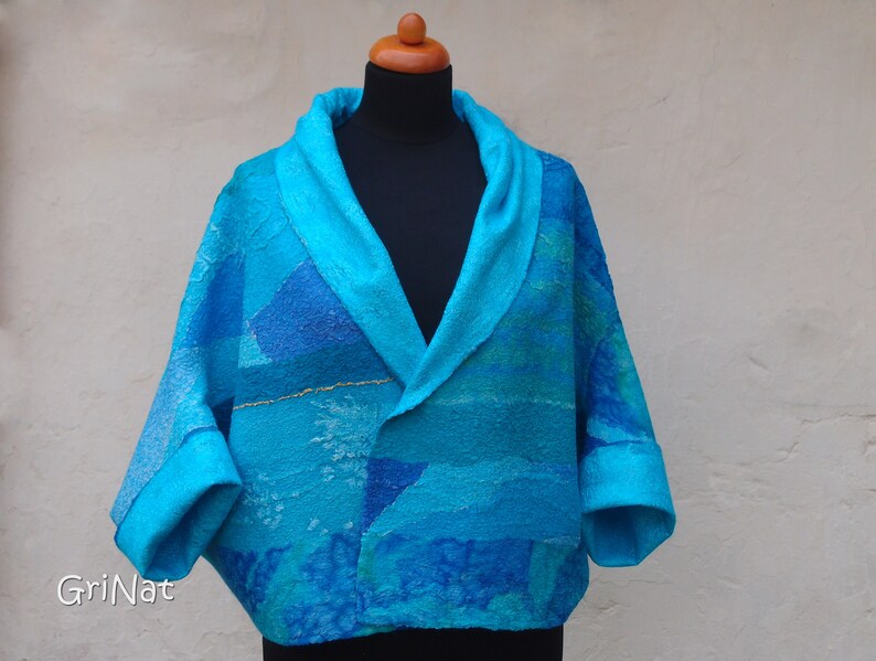 Turquoise cocoon cardigan Women Felted jacket Wool waistcoat one of a kind vest medium size women vest women wool vest felted cape kimono