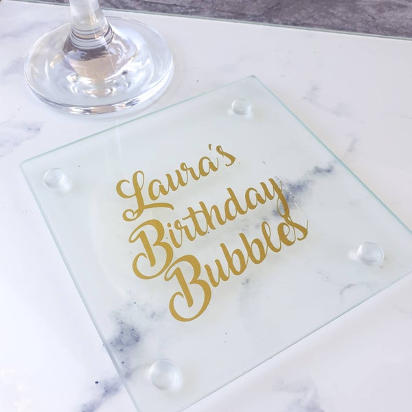 Personalised birthday gift, birthday bubbles drink coaster, prosecco lover gift, 18th 21st birthday gift, clear glass square drink coaster