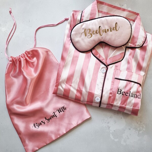 Personalised satin pyjamas, sleepover kit, pink stripe print pjs, birthday sleepover party, sleepwear, gift for her, bridesmaid pyjamas gift