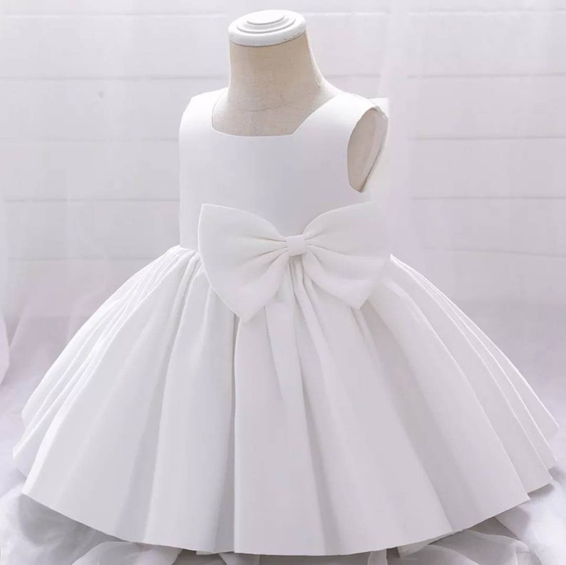 Satin Flower Girl dress, knee length flower girl dress, bow flower girl dress, girls birthday party dress, baptism dress, lined kids dress image 9