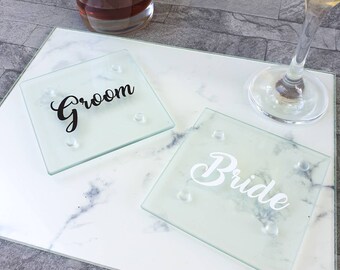 Wedding table place settings, personalised wedding favours, bride and groom drink coaster, , square glass clear coaster, wedding favours