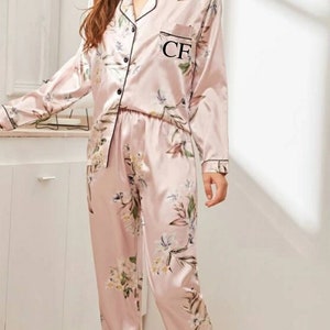 Personalised satin pyjamas, pink floral print pjs, christmas gift, birthday gift for her, long leg sleepwear, mum gift, womens nightwear