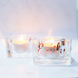 Wedding tealight favours, top table personalised tea light candle holders, Glass table name places, winter wedding favours, christmas candle