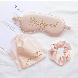 Personalised Bridesmaid Gift, Bridal party gifts, Sleepmask and scrunchie set, Bride sleepmask, pink satin sleepmasks, bridesmaid pyjamas