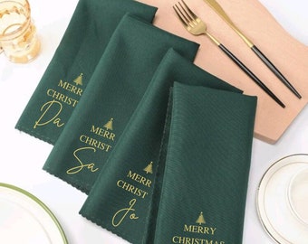 Personalised Christmas table napkin, Christmas table decor, table name settings,  Reusable linen eco napkins, green napkins, christmas table