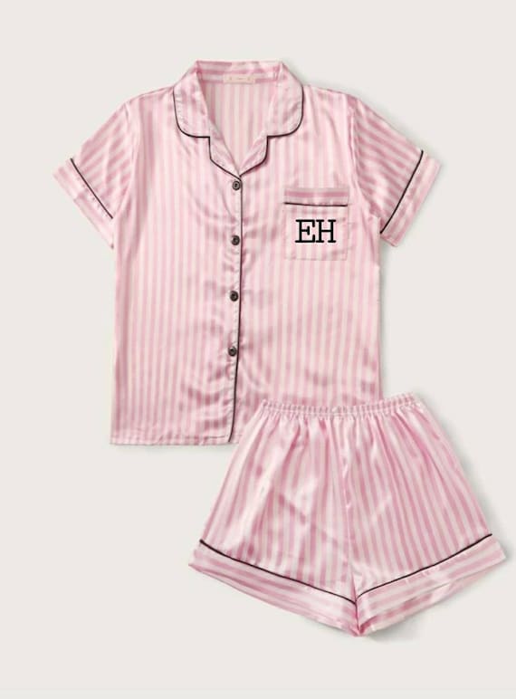 Personalised Satin Pyjamas Pink Stripe Print Pjs Bridesmaid Etsy