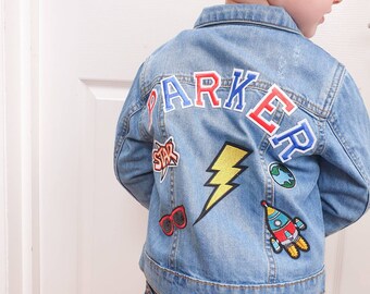 Personalised kids denim jacket, patch denim jacket, girls jacket, boys jacket, personalised kids clothing, space rocket, rainbow unicorn