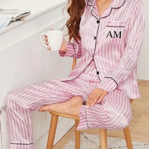 Personalised satin pyjamas, pink striped pyjamas, birthday gift for her, long sleeve sleepwear, trouser pjs, womens initial nightwear