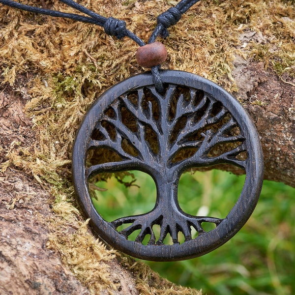 Wooden Tree of Life Pendant made with Bog Oak and hung on a adjustable waxed Cotton Thong.