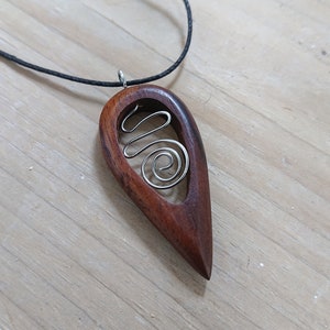 Teardrop Celtic Spiral Pendant made from Reclaimed Sanur Wood and Recycled Stainless Steel, Wooden Jewellery, Wooden Pendant, Celtic Pendant