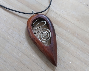 Teardrop Celtic Spiral Pendant made from Reclaimed Sanur Wood and Recycled Stainless Steel, Wooden Jewellery, Wooden Pendant, Celtic Pendant